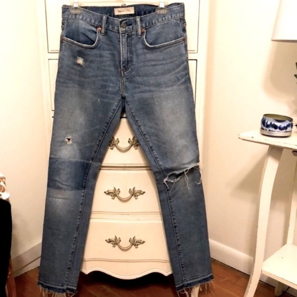 Gap 1969 medium wash raw hem high waist distressed Skinny jeans size 28 - Picture 2 of 14